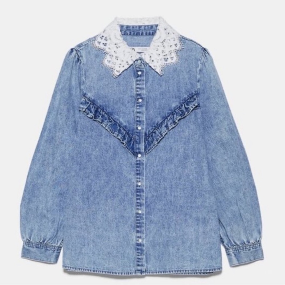 Zara denim ruffle shirt with lace collar